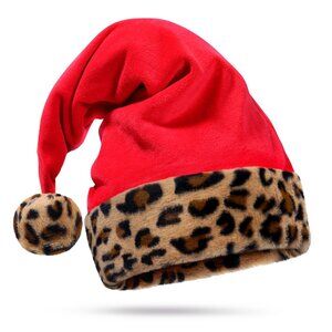 Bright Red Plush Santa Hat - Leopard Print Trim, Brown Tan Faux Fur Cheetah Trim